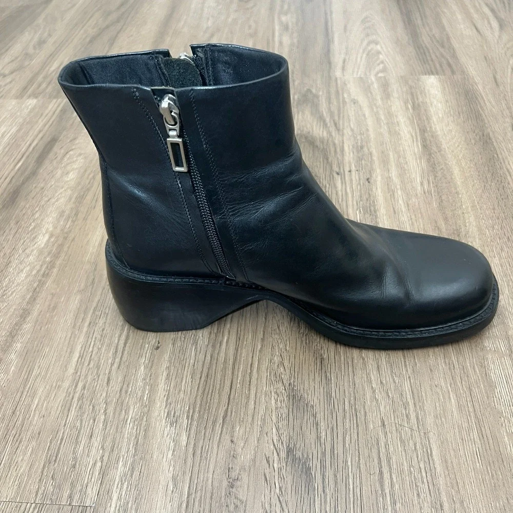 Black Leather Ankle Boots Side Zip Block Heel Moto Biker‎ Boots Women's 9.5